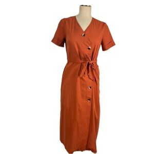 Only Short Sleeve Button Front Womens Midi Dress Tie Waist 38 / US 8 Rust Orange